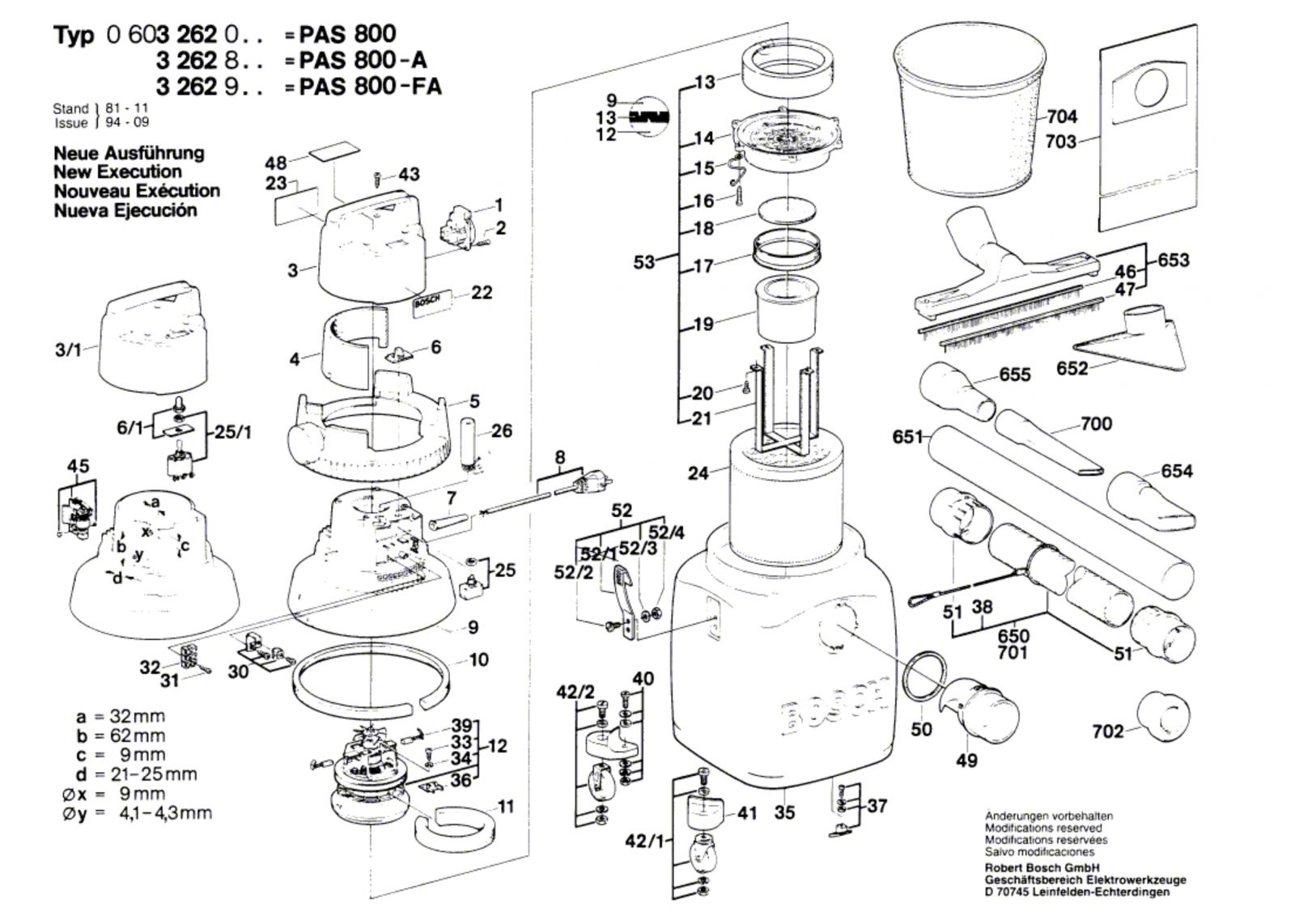 Bosch 0 603 262 042 PAS 800 All Purpose Vacuum Cleane 240 V GB Spare Parts PAS800